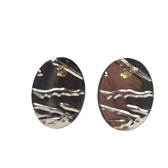 Vtg Oval Pierced Earrings Abstract Black Beige Enamel Retro Statement Jewelry - Picture 2 of 3